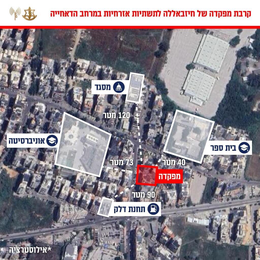 צילום: דובר צה"ל אינפוגרפיקה בנושא קרבתו של אחת מהמפקדות הצבאיות בדאחייה שהותקפו היום לתשתיות אזרחיות במרחב