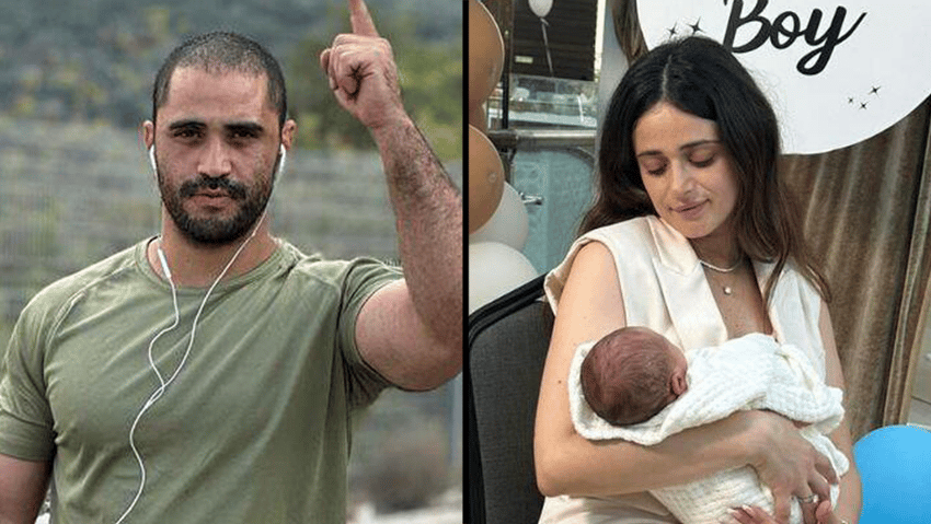 טל שועה ז"ל (משמאל); אשתו ענבל עם הבן התינוק עוז, שלא יזכה להכיר את אביו (מימין) (צילום: דובר צה"ל) האלמנה ענבר, רס"ל (מיל') טל שועה ז"ל