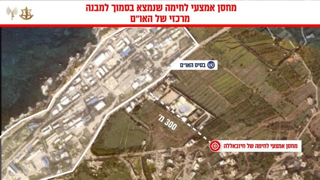 מיקום מחסן האמל"ח של חיזבאללה (צילום: דובר צה"ל) יעוד ממציאת מחסן אמצעי לחימה במבנה סמוך למרכז של האו"ם במערב לבנון