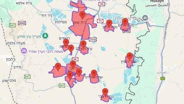 מפת אזעקות "כומתה" בשל חדירת כלי טיס בבית שאן, עמק המעיינות
