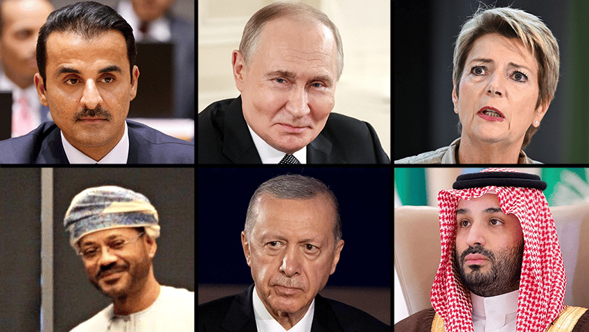 צילום: Ludovic MARIN / AFP, Sputnik/Vyacheslav Prokofyev/Pool via REUTERS, Andrew Harnik / GETTY IMAGES NORTH AMERICA / AFP, Fabrice COFFRINI / AFP, AFP PHOTO / HO / SAUDI PRESS AGENCY SPA קארין קלר סוטר נשיאת שוויץ, ולדימיר פוטין נשיא רוסיה, נשיא טורקיה רג'פ טאיפ ארדואן, שר ההגנה של סעודיה חאלד בן סלמאן, אמיר קטאר תמים בן חמד אל ת'אני עבאס עראקצ'י שר החוץ של איראן