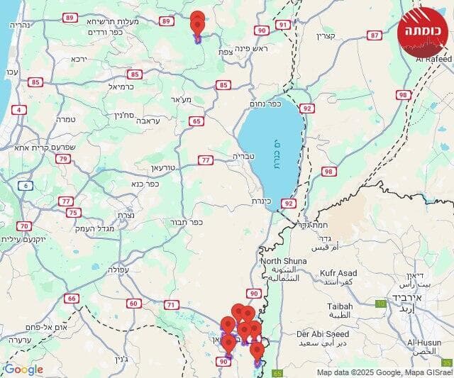 מפת אזעקות צבע אדום  כומתה - חדירת כלי טיס בבית שאן עמק,המעיינות מרום הגליל