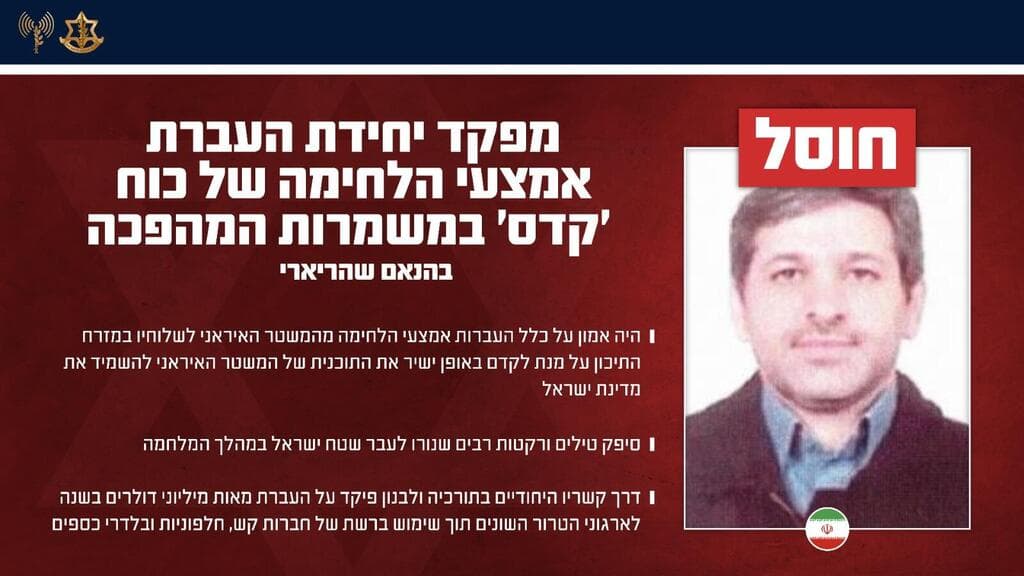 תעודת זהות בהנאם שהריארי, מפקד יחידת העברת אמצעי הלחימה של כוח ׳קדס׳ במשמרות המהפכה שחוסל על ידי כוחות צה"ל