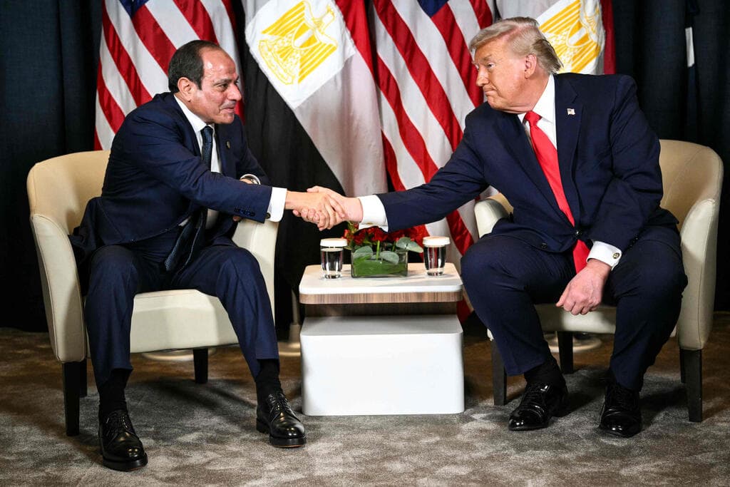 טראמפ וא-סיסי, ארכיון (צילום: Mandel NGAN / AFP) דונלד טראמפ נפגש עם נשיא מצרים עבד אל-פתאח א-סיסי בפורום הכלכלי העולמי ב דאבוס שווייץ