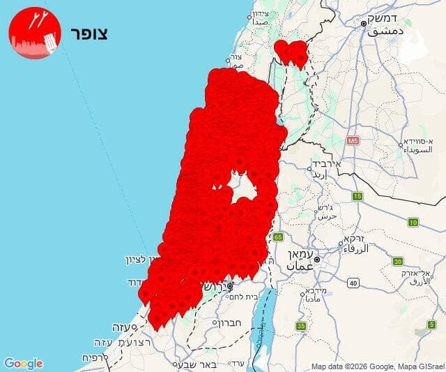 מפת אזורי האזעקות (צילום: צופר) מפת אזורי אזעקה בעקבות שיגור טיל מאיראן לעבר ישראל - מבצע שאגת הארי