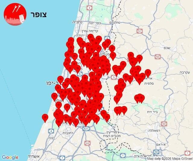  מפת אזורי האזעקות בעקבות טיל ששוגר מאיראן