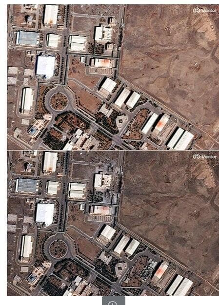 מתקן הגרעין בנתנז: למעלה - תצלום לוויין מה-1 במרץ, למטה - תצלום לוויין מ-2 במרץ, אתמול (צילום: Vantor/Handout via REUTERS) מתקן הגרעין בנתנז, איראן