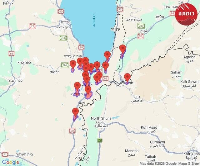 מפת האזעקות בצפון בעקבות ירי מאיראן