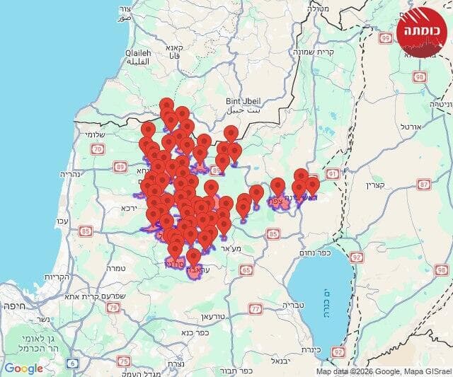 מפת אזורי האזעקות ( צילום: כומתה) מפת אזורי האזעקות