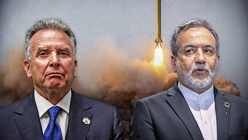 שליח נשיא ארה"ב וויטקוף ושר החוץ של איראן עבאס עראקצ'י (צילום: RS/Dawoud Abu Alkas, REUTERS/Evelyn Hockstein, AP/Hassan Ammar) וויטקוף, קושנר ועראקצ'י