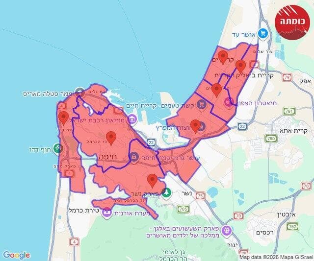 מפת אזורי האזעקות (צילום: כומתה) מפת אזורי האזעקות