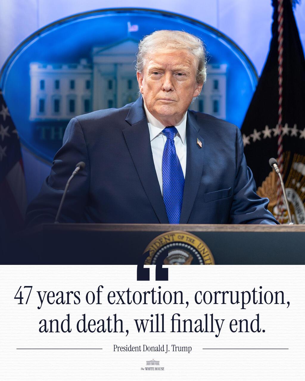 הציוץ מטעם הבית הלבן על סיום עשרות שנים של סחיטה, שחיתות והרג באיראן (צילום: מתוך רשת X) הציוץ מטעם הבית הלבן על סיום עשרות שנים של סחיטה, שחיתות והרג באיראן