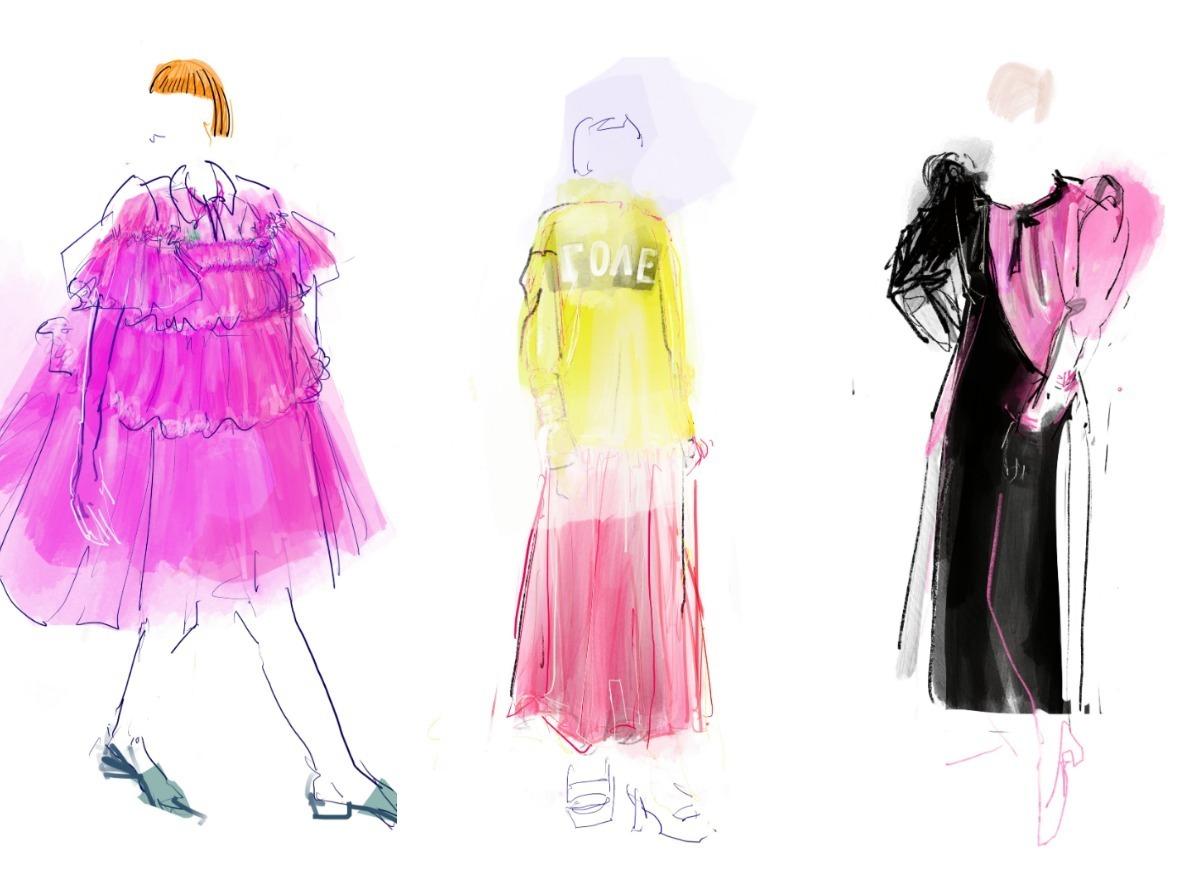 "כל בגד מספר סיפור, מעביר תחושה מסוימת". מימין: לולה בר, רוני בר ושחר אבנט ב"עיצוב אופנה בישראל – ציר הזמן" (איור: אילנית שמיע) עיצובים של לולה בר, רוני בר ושחר אבנט באופנה בישראל על ציר הזמן