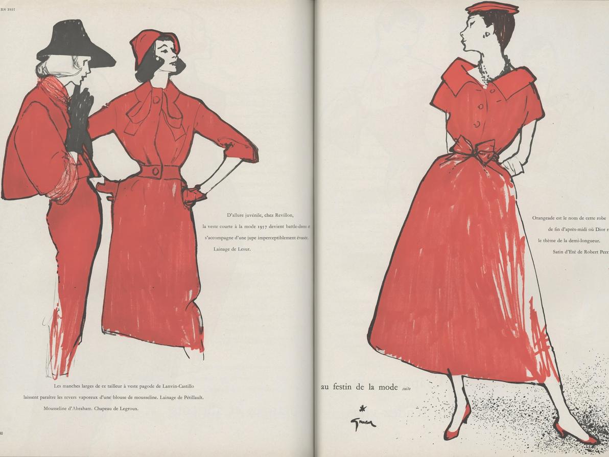 Lanvin-Castillo tailor, Revillon dress, Vogue Paris March 1957
