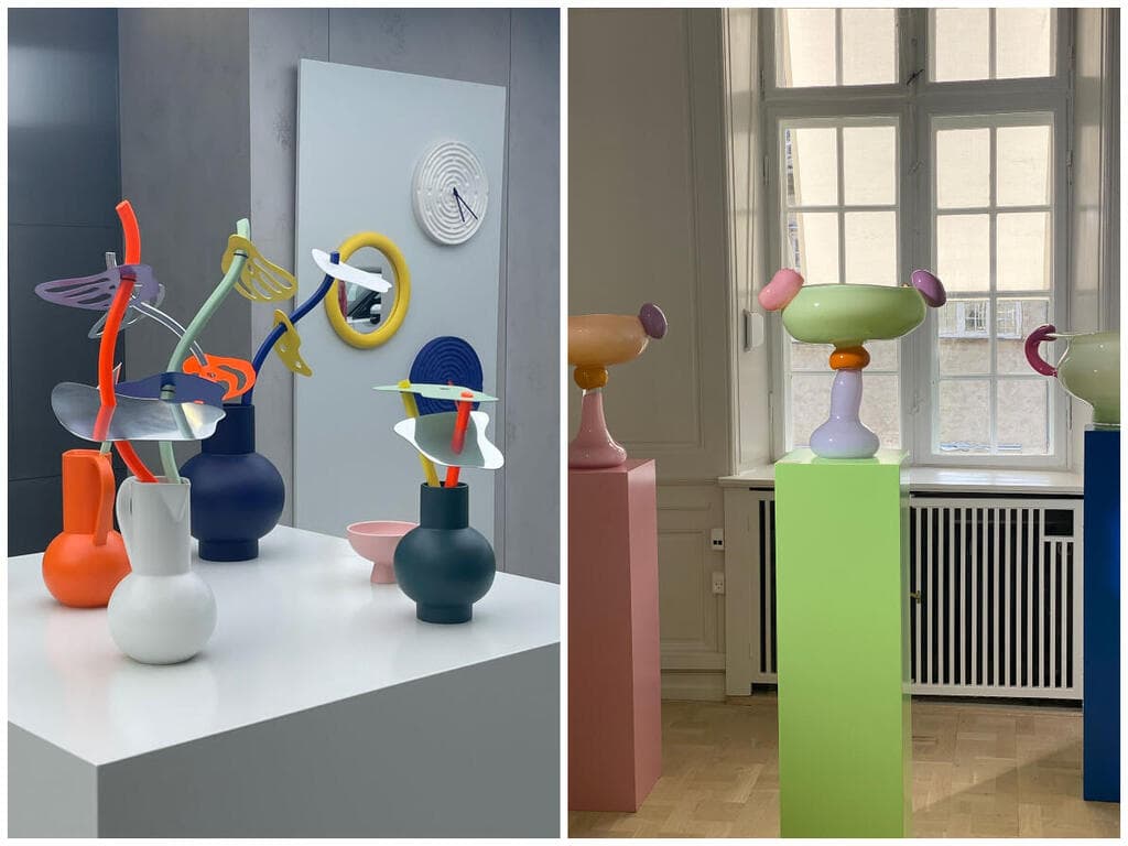 מימין: הביתן של מעצבת הזכוכית הלה מרדהאל ותצוגה של המותג Raawi