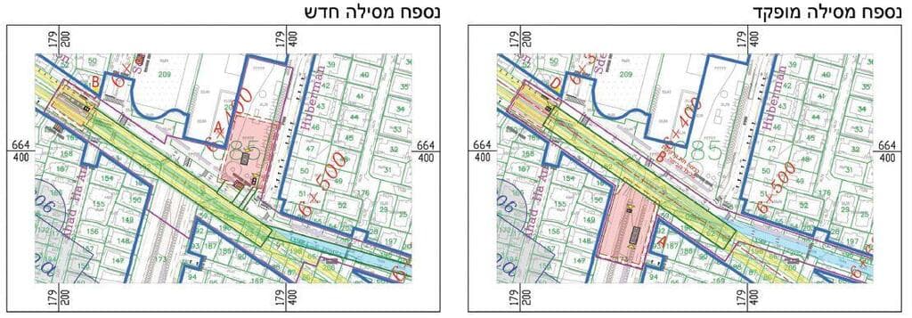 באדום - ההצעה מתוך תוכנית תשתיות לאומית מספר 102 - סימון שטח התחנה והיציאות ממנה על גבי הכיכר