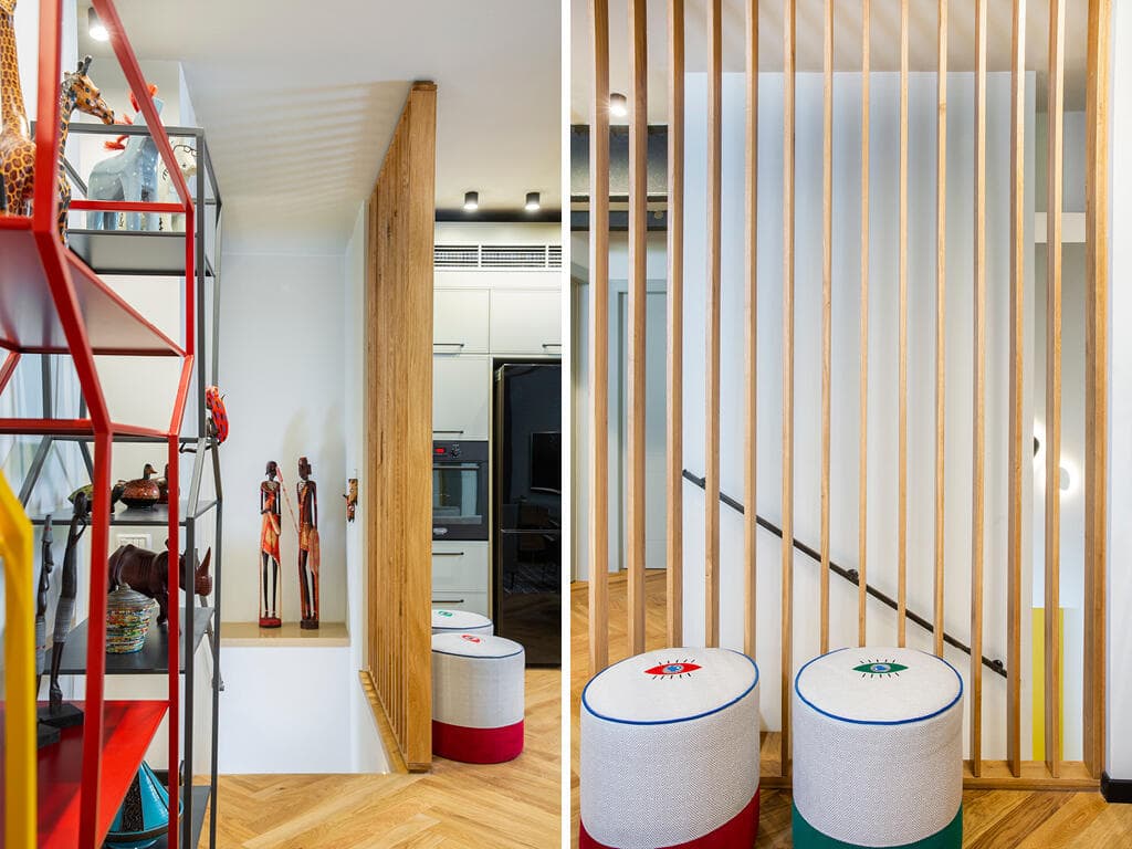 הירידה למרתף ועוד נגיעות צבע ברחבי הקומה העליונה (צילום: עידן גור) דירת דופלקס-גן בתל אביב, עיצוב: מיטל צימבר