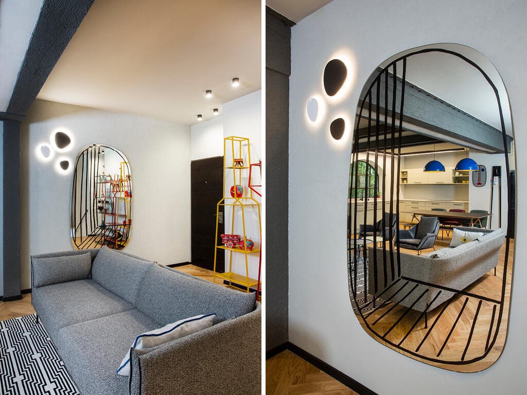 שילובי מראות עם מוטיבים גיאומטריים להוספת עומק ועניין (צילום: עידן גור) דירת דופלקס-גן בתל אביב, עיצוב: מיטל צימבר