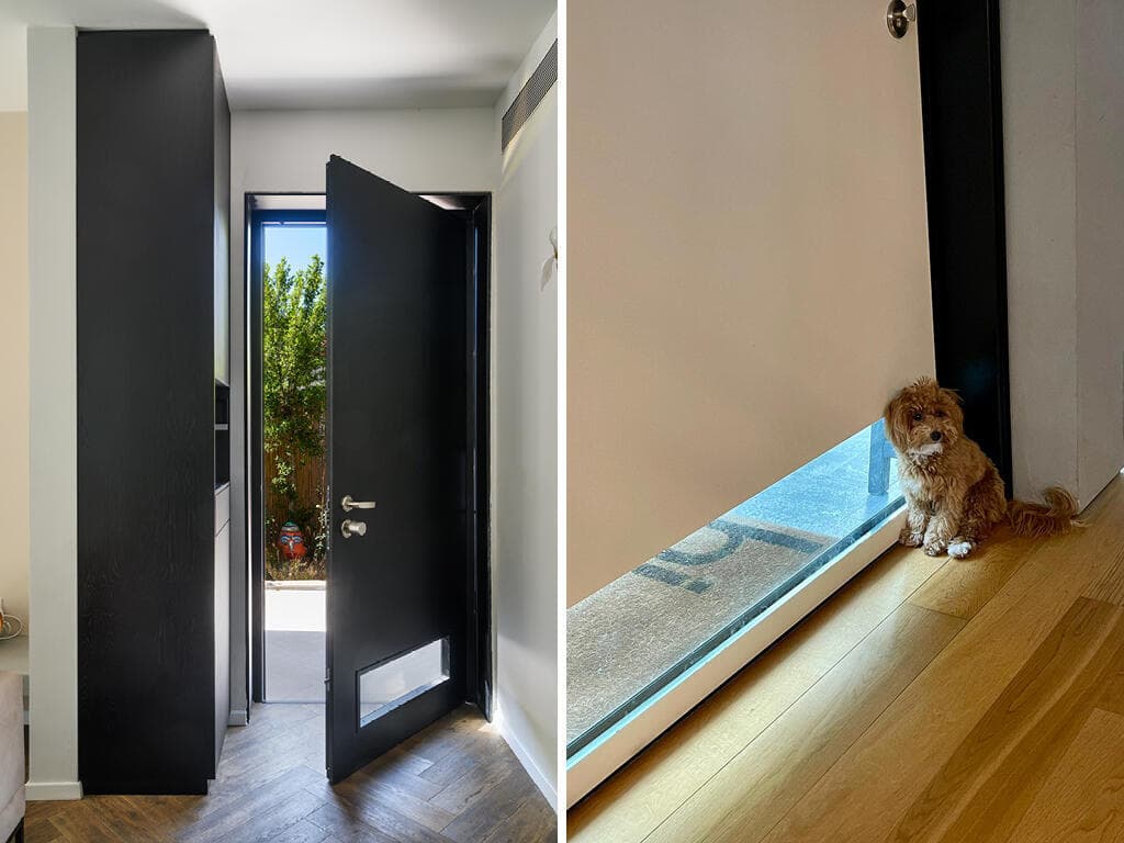 דלת מותאמת לבעלי חיים, דגם רז של רב בריח בבית בעיצוב אדריכלית ורד אלוביץ