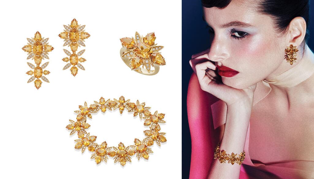 תכשיטי זהב צהוב בשיבוץ אבני סיטרין ויהלומים מקולקציית METAMORFOSE