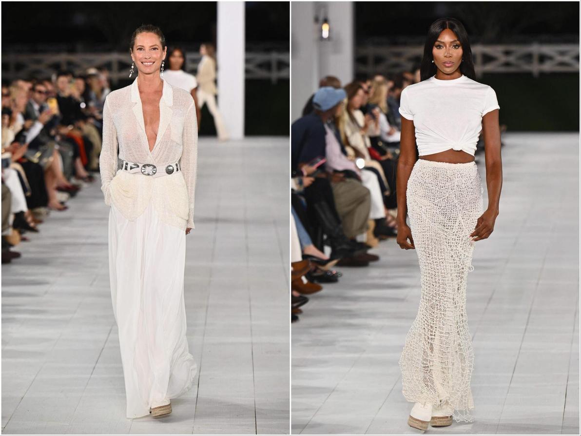 ראלף לורן פתח את שבוע האופנה במפגן כוח, כשעל המסלול הופיעו הסופר-מודלס כריסטי טרלינגטון ונעמי קמפבל (צילום: Angela Weiss/AFP) כריסטי טרלינגטון ונעמי קמפבל בתצוגת אביב-קיץ 2025 של ראלף לורן