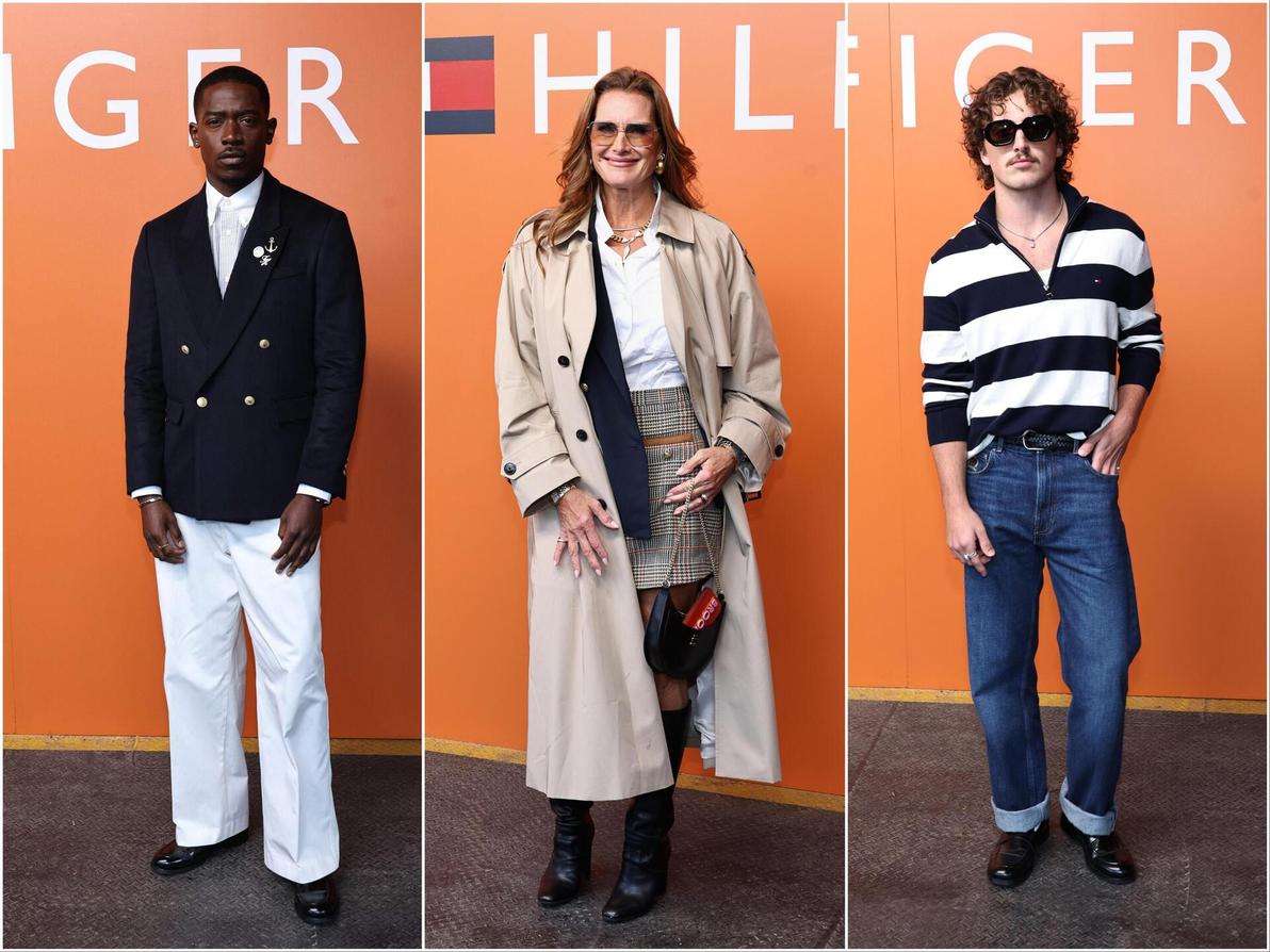 בין האורחים בתצוגה פגשנו את ברוק שילדס, השחקן הבריטי דמסון אידריס והמוזיקאי הצעיר בנסון בון נוטף הסטייל (צילום: Jamie McCarthy/Getty Images) בנסון בון, ברוק שילדס ודמסון אידריס בתצוגת אביב-קיץ 2025 של טומי הילפיגר