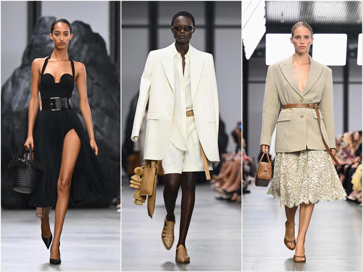 פריטי לבוש ליום ולערב, החל בשמלות ועד חליפות מכנסיים נינוחות, עמדו במרכז הקולקציה של מייקל קורס (צילום: Angela Weiss/AFP) מייקל קורס, תצוגת אביב-קיץ 2025