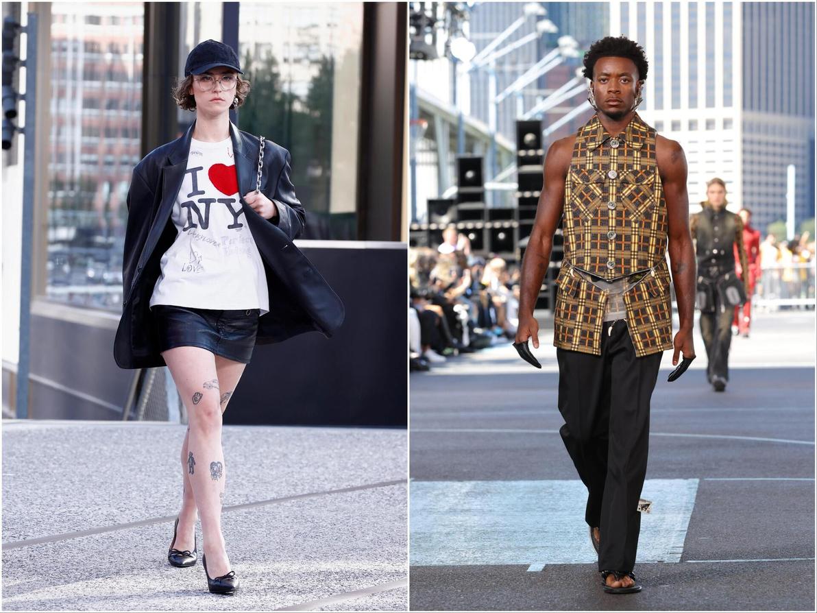 על המסלול: דיוויד בנדה, בנה של מדונה, בתצוגה של Off-White, ואלה אמהוף, בתה של קמלה האריס, בקואץ' (צילום: Paul Morigi, JP Yim/Getty Images) אלה אמהוף בתצוגת אביב-קיץ 2025 של קואץ' ודיוויד בנדה בתצוגת אביב-קיץ 2025 של אוף ווייט