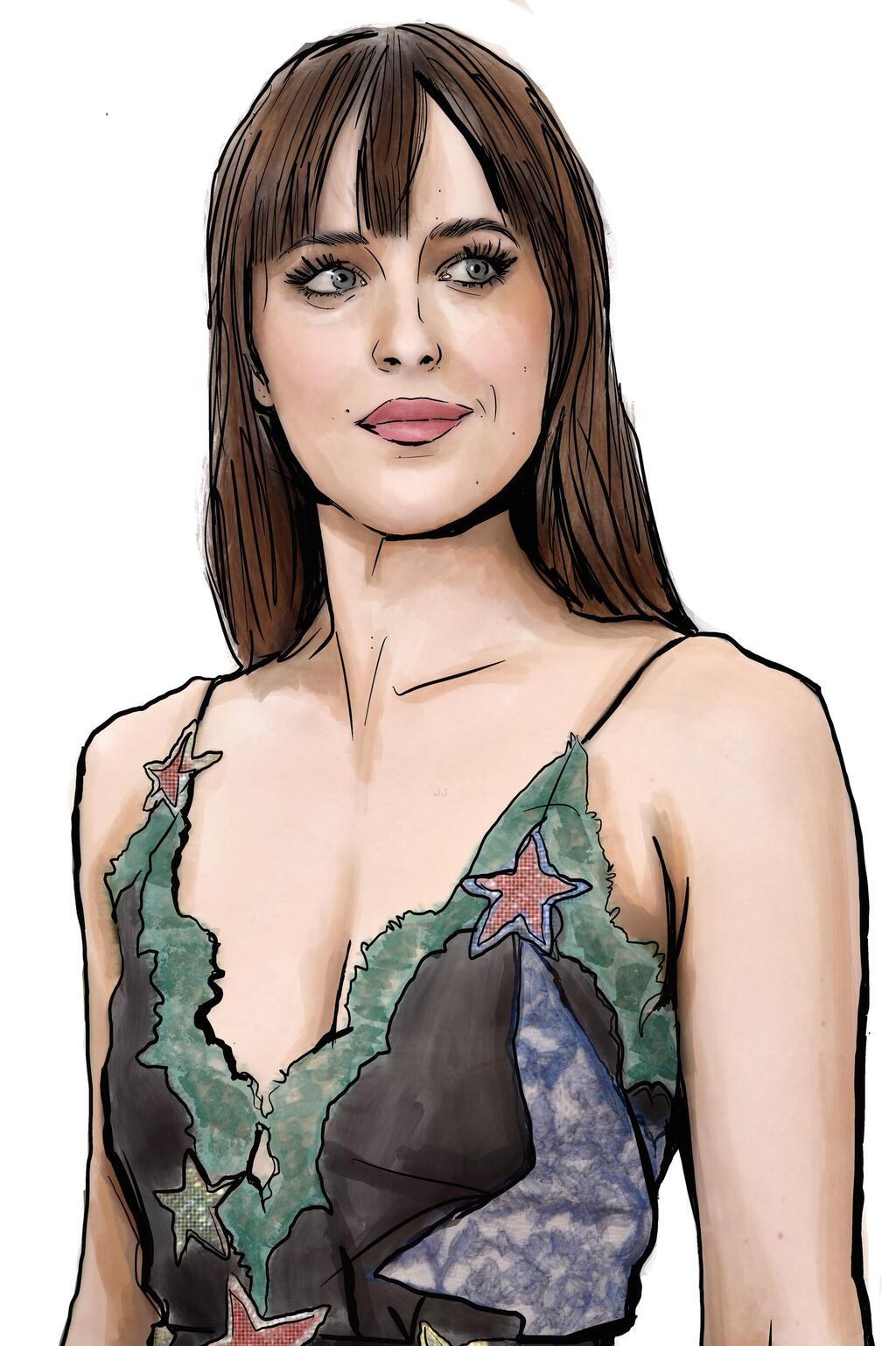 ממקסמת את השילוב המוצלח מלכתחילה בין נתוניה לנוכחות הרומנטית שלה. דקוטה ג'ונסון (איור: ארז עמירן) איור של דקוטה ג'ונסון