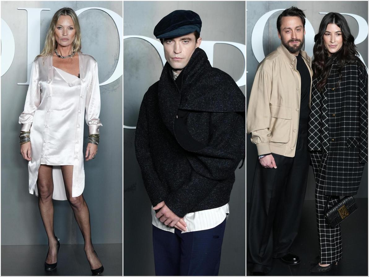 קייט מוס והשחקנים קירן קאלקין ורוברט פטינסון היו בין המפורסמים שגדשו את השורה הראשונה של דיור (צילום: Francois Durand/Getty Images) קירן קאלקין וג'אז צ'ארטון, רוברט פטינסון וקייט מוס בתצוגת סתיו-חורף 2025-26 של דיור בשבוע האופנה לגברים בפריז