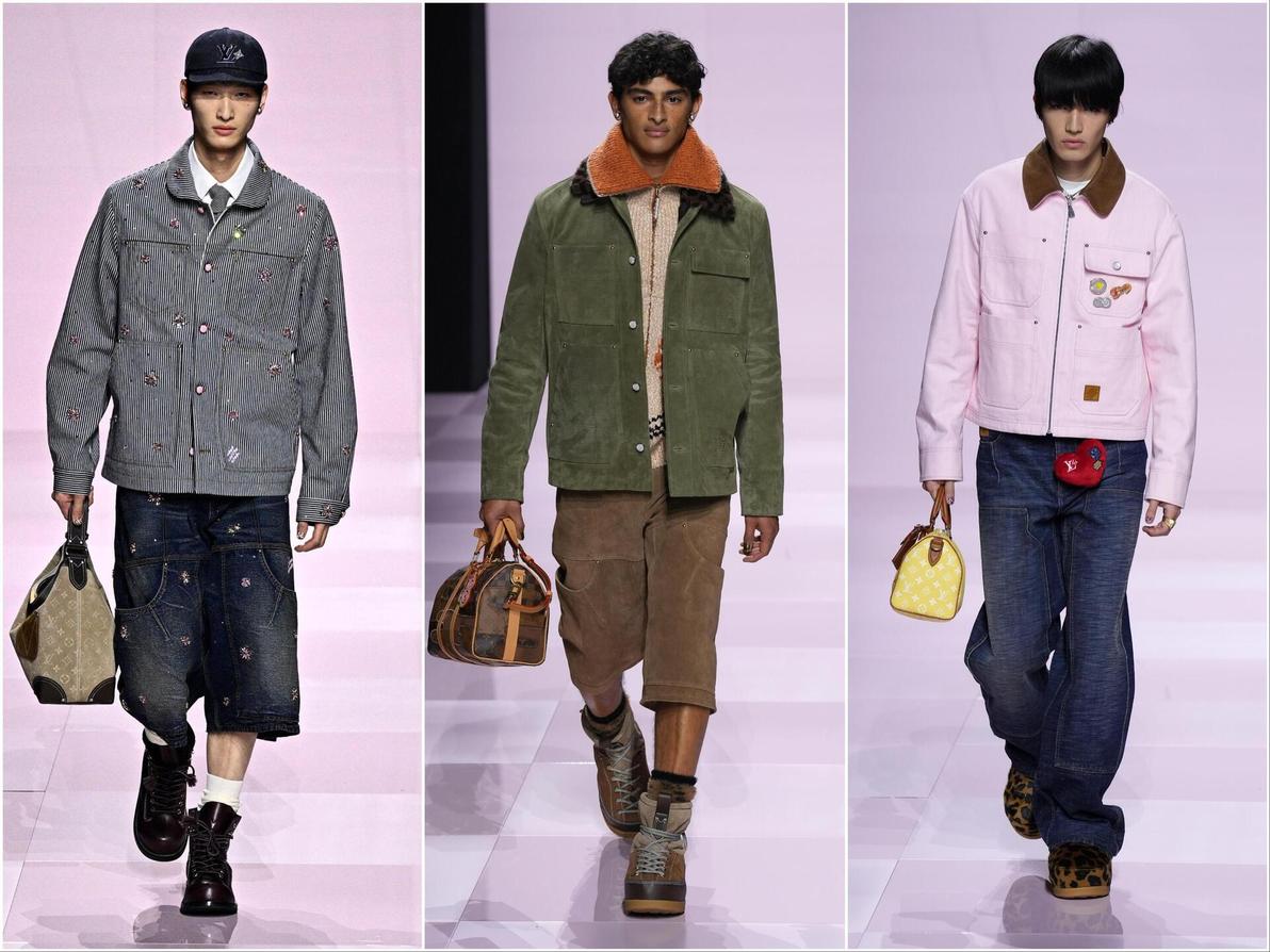 השפעתו של ניגו ניכרת בצלליות המעט רחבות, בשילובי הצבעים ובשפה מתוחכמת יותר (צילומים: Francois Durand/Getty Images, JULIEN DE ROSA/AFP) לואי ויטון, תצוגת סתיו-חורף 2025-26 בשבוע האופנה לגברים בפריז