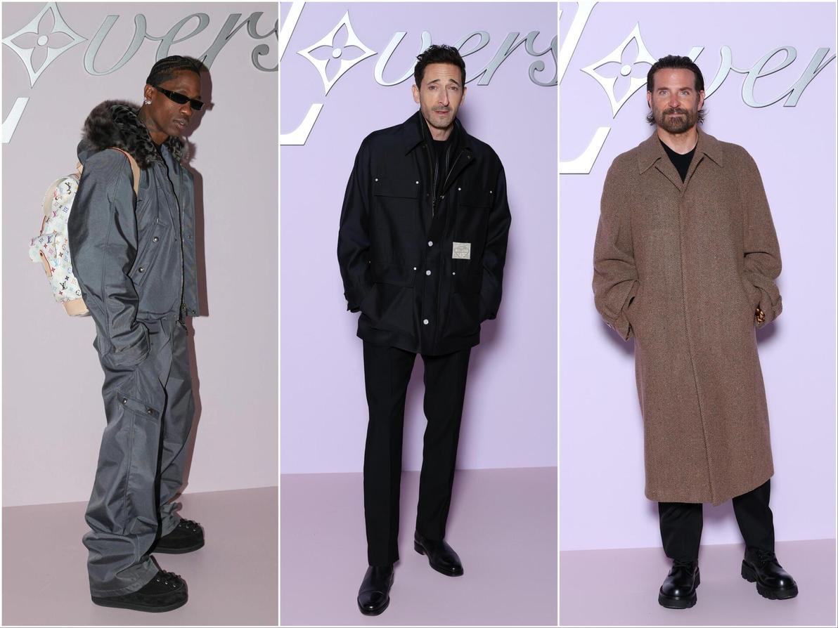 השינוי בלט גם ברשימת האורחים, שכללה את אדריאן ברודי, בראדלי קופר וטראוויס סקוט (צילומים: Pascal Le Segretain/Getty Images, Thibaud MORITZ/AFP) בראדלי קופר, אדריאן ברודי וטרוויס סקוט בתצוגת סתיו-חורף 2025-26 של לואי ויטון בשבוע האופנה לגברים בפריז