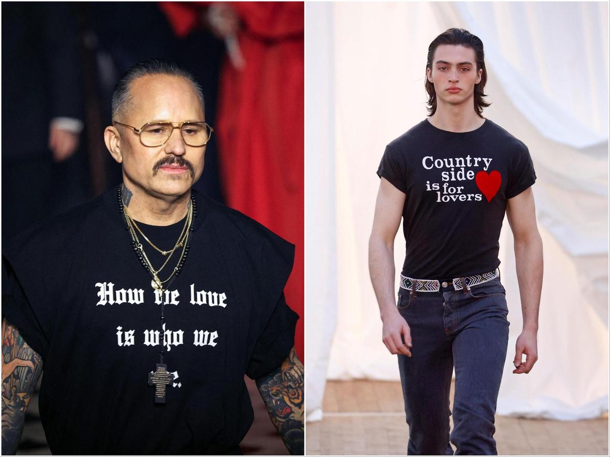 ובסוף, כל מה שאנחנו רוצים זאת אהבה – כפי שהדגימו כמה מהחולצות השבוע (צילומים: GEOFFROY VAN DER HASSELT/AFP, Thierry Chesnot/Getty Images) טי שירטס בתצוגות סתיו-חורף 2025-26 בשבוע האופנה לגברים בפריז