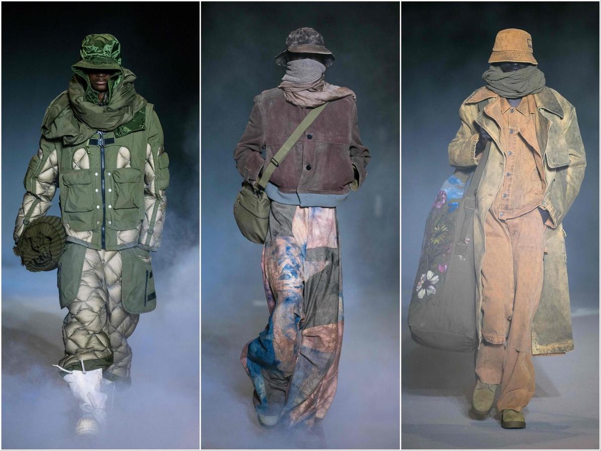 לאורך כל התצוגה צפה אווירת סוף העולם, עם דוגמנים במדי צבא, מראה שכבות שהזכיר לנו פליטים ותיקי קיטבג (צילום: Julie SEBADELHA/AFP) קיד סופר, תצוגת סתיו-חורף 2025-26 בשבוע האופנה לגברים בפריז