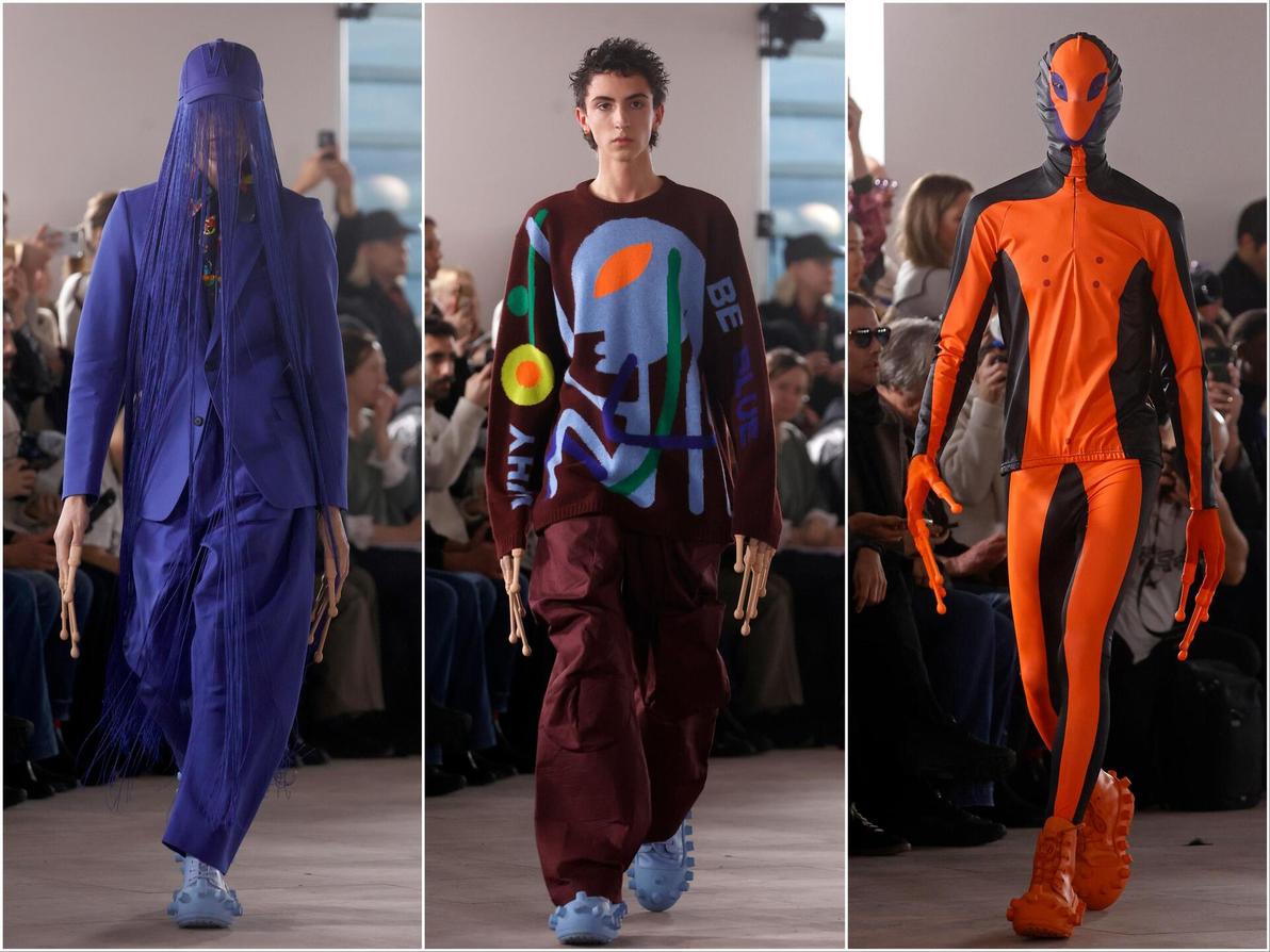 מלבד דוגמן הלבוש כחייזר, התקין המעצב לדוגמנים אצבעות ארוכות שהזכירו לנו את ידיו של E.T (צילום: Thierry Chesnot/Getty Images) וולטר ואן בירנדונק, תצוגת סתיו-חורף 2025-26 בשבוע האופנה לגברים בפריז