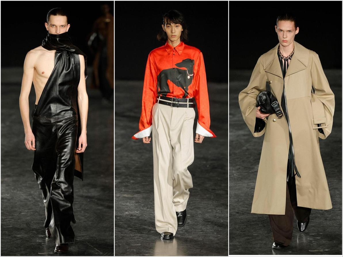 בית האופנה אגון לאב עם אחת הקולקציות הטובות של השבוע, שהורכבה ממשחקי פרופורציות וחיתוכים חושפניים (צילום: GEOFFROY VAN DER HASSELT/AFP) אגון לאב, תצוגת סתיו-חורף 2025-26 בשבוע האופנה לגברים בפריז