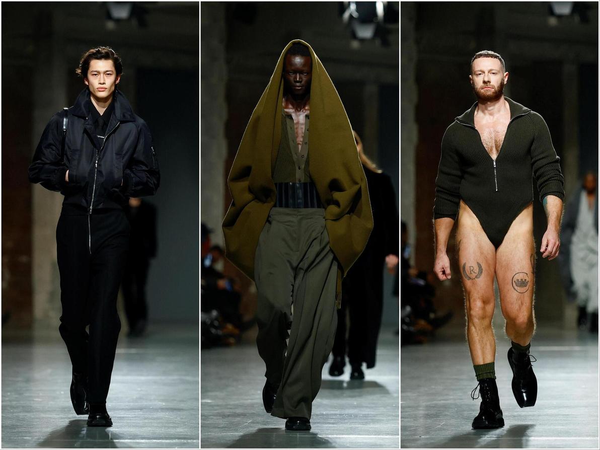 סריג שמתפקד גם כבגד גוף תחתון וצלליות פיסוליות בלטו בתצוגה המעניינת של המותג LGN (צילום: REUTERS/Sarah Meyssonnier) LGN, תצוגת סתיו-חורף 2025-26 בשבוע האופנה לגברים בפריז