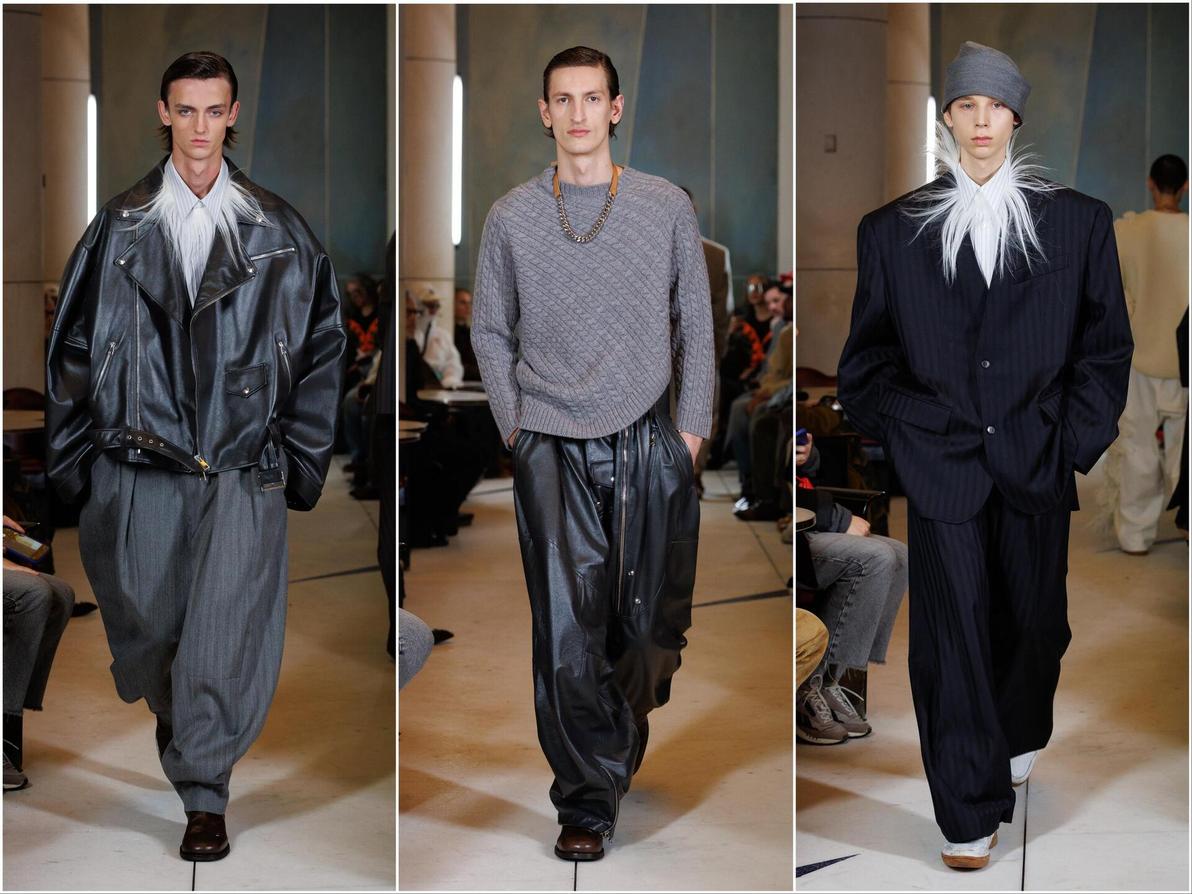 המעצב הישראלי הד מיינר מגיש העונה נינוחות סקסית שהורכבה מחליפות מחויטות לצד פריטי עור נחשקים (צילום: PABLO LATORRE) הד מיינר, תצוגת סתיו-חורף 2025-26 בשבוע האופנה לגברים בפריז