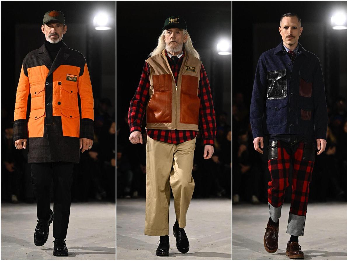 Men at Work: המעצב היפני שמר על כתב היד העיצובי עם שילובי משבצות טרטן לצד חולצות ג'ינס ומכנסי עבודה (צילום: JULIEN DE ROSA/AFP) ג'וניה ווטנבה, תצוגת סתיו-חורף 2025-26 בשבוע האופנה לגברים בפריז