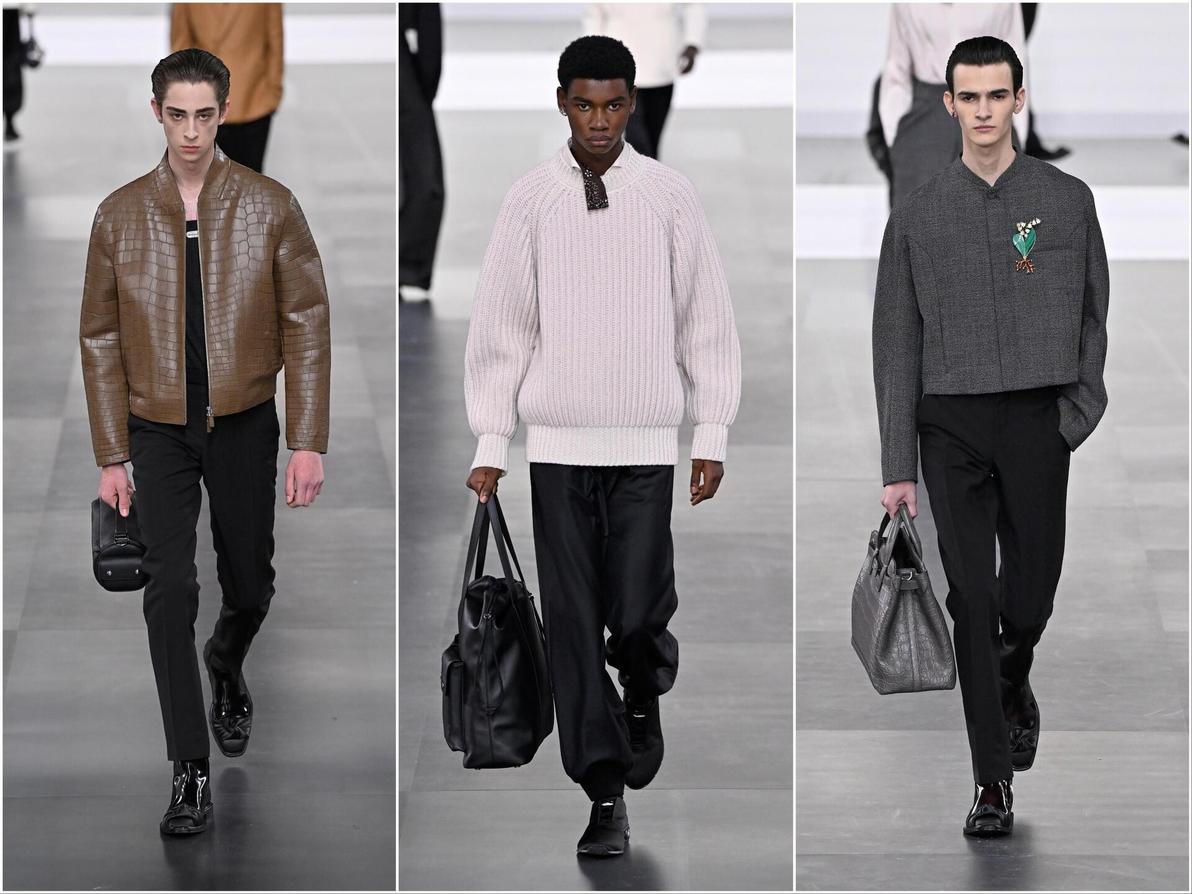 על המסלול של דיור: ז'קטים מעור וצמר, מכנסיים בגזרה גבוהה ומותניים מודגשים, סריגים פריכים ותיקים מדויקים (צילום: Kristy Sparow/Getty Images) דיור, תצוגת סתיו-חורף 2025-26 בשבוע האופנה לגברים בפריז