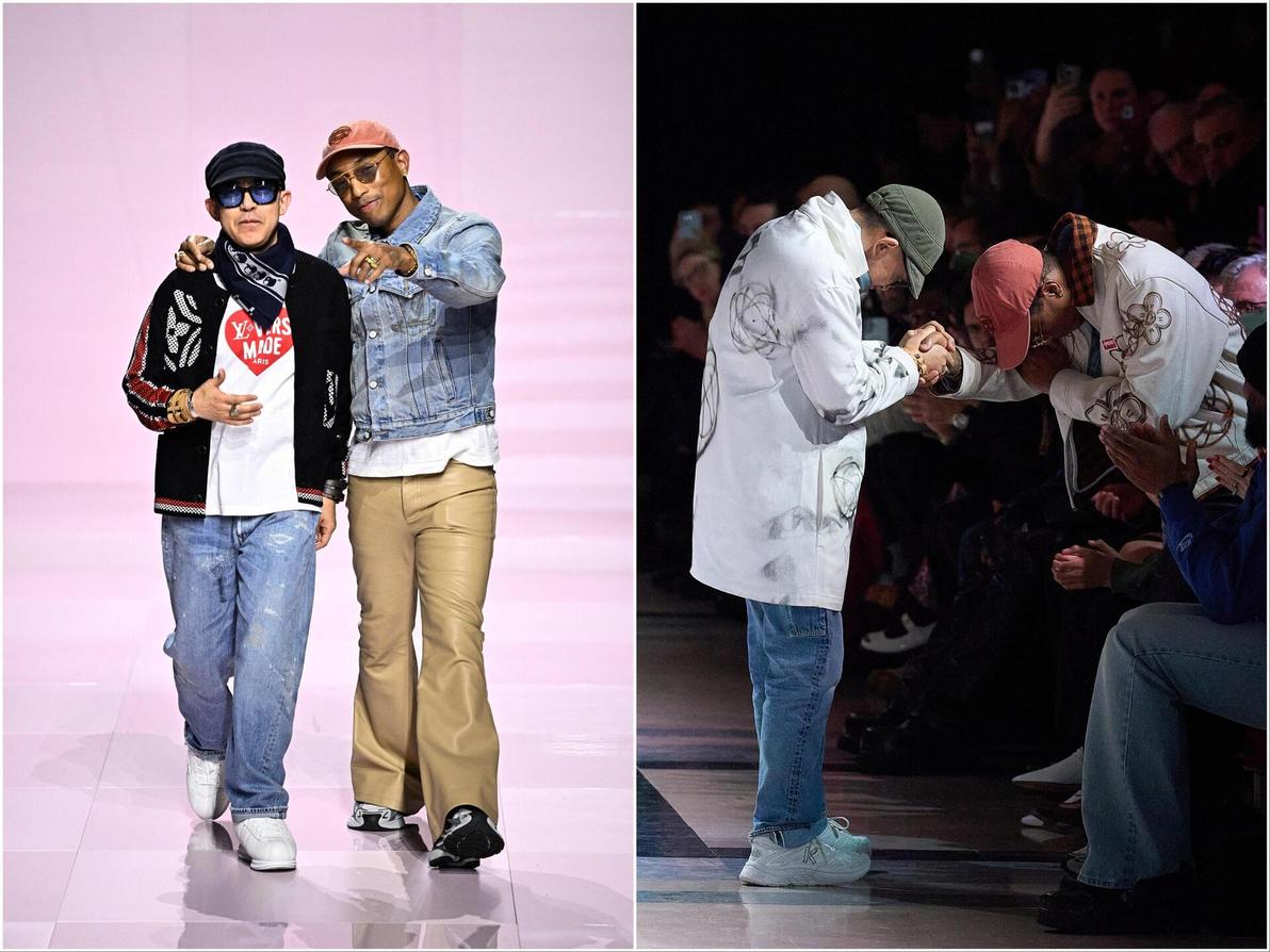 בעיצוב הקולקציה של ויטון השתתף גם מעצב קנזו, ניגו, שאירח את וויליאמס למחרת (צילום: JULIEN DE ROSA/AFP, Francois Durand/Getty Images) פארל וויליאמס וניגו בתצוגת סתיו-חורף 2025-26 של קנזו בשבוע האופנה לגברים בפריז