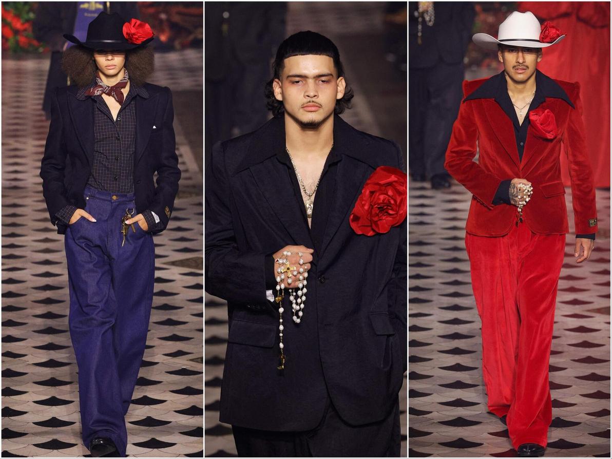 בכורה בפריז. מעצב האופנה האמריקני ווילי צ'וואריה בקולקציה חושנית וגברית על קו התפר שבין אמריקה למקסיקו (צילום: GEOFFROY VAN DER HASSELT/AFP) ווילי צ'וואריה, תצוגת סתיו-חורף 2025-26 בשבוע האופנה לגברים בפריז