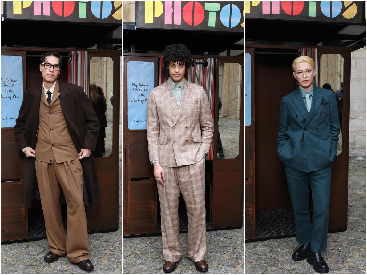 למי שהיה זקוק למעט אלגנטיות בריטית מאופקת, המעצב פול סמית' הציג חליפות צבעוניות ומשובצות (צילום: Pascal Le Segretain/Getty Images) הונג ג'ונג, וויליאם ארנו ומייק קויין בתצוגת סתיו-חורף 2025-26 של פול סמית' בשבוע האופנה לגברים בפריז