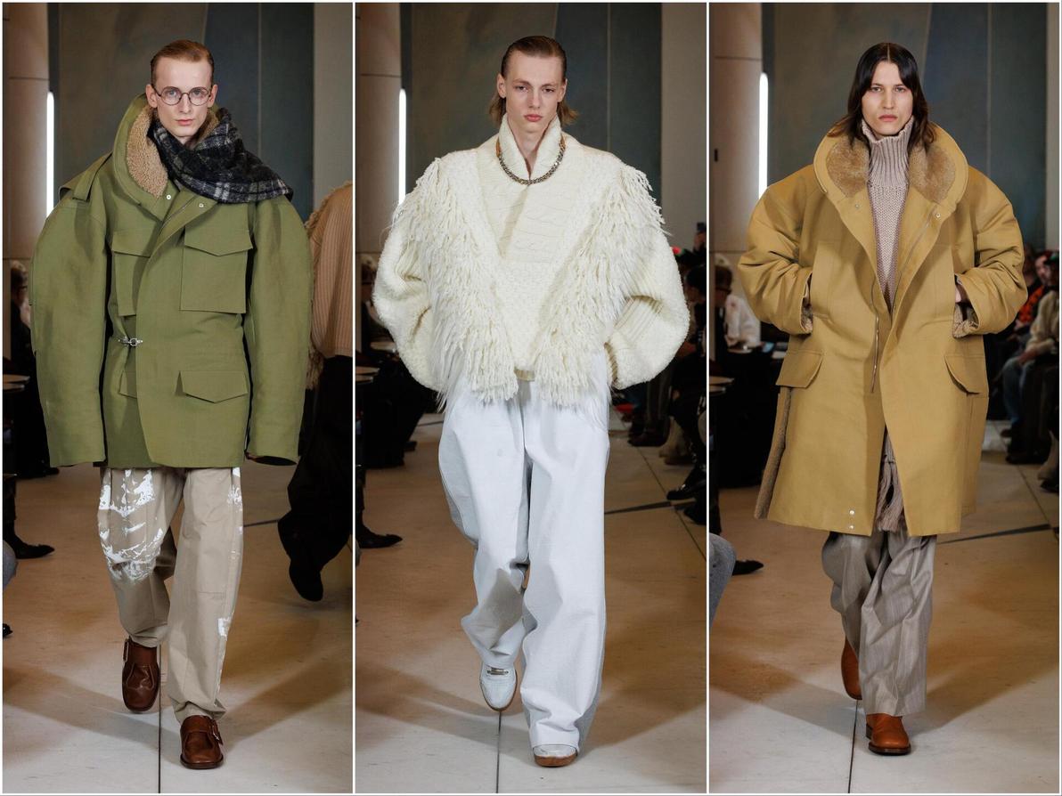 בלטו על המסלול של מיינר: מעילים עם צווארונים מעוגלים, כתמי צבע "אמנותיים" ופיתוחי סריגים עשירים בגדילים (צילום: PABLO LATORRE) הד מיינר, תצוגת סתיו-חורף 2025-26 בשבוע האופנה לגברים בפריז