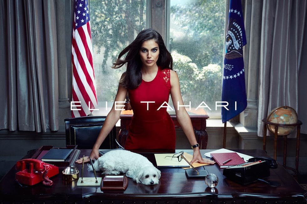 שלומית מלכה כ"נשיאת ארצות הברית" בקמפיין של אלי טהרי, 2016 (צילום: James Macari) שלומית מלכה בקמפיין של אלי טהרי, 2016