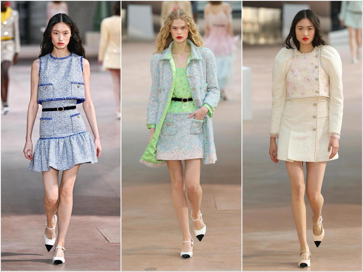 ספק אם חליפות המיני של שאנל יובילו להצערת המותג. לפחות צבעי הפסטל מרעננים (צילום: Vittorio Zunino Celotto/Getty Images, JULIEN DE ROSA/AFP) שאנל, תצוגת הוט קוטור לאביב-קיץ 2025