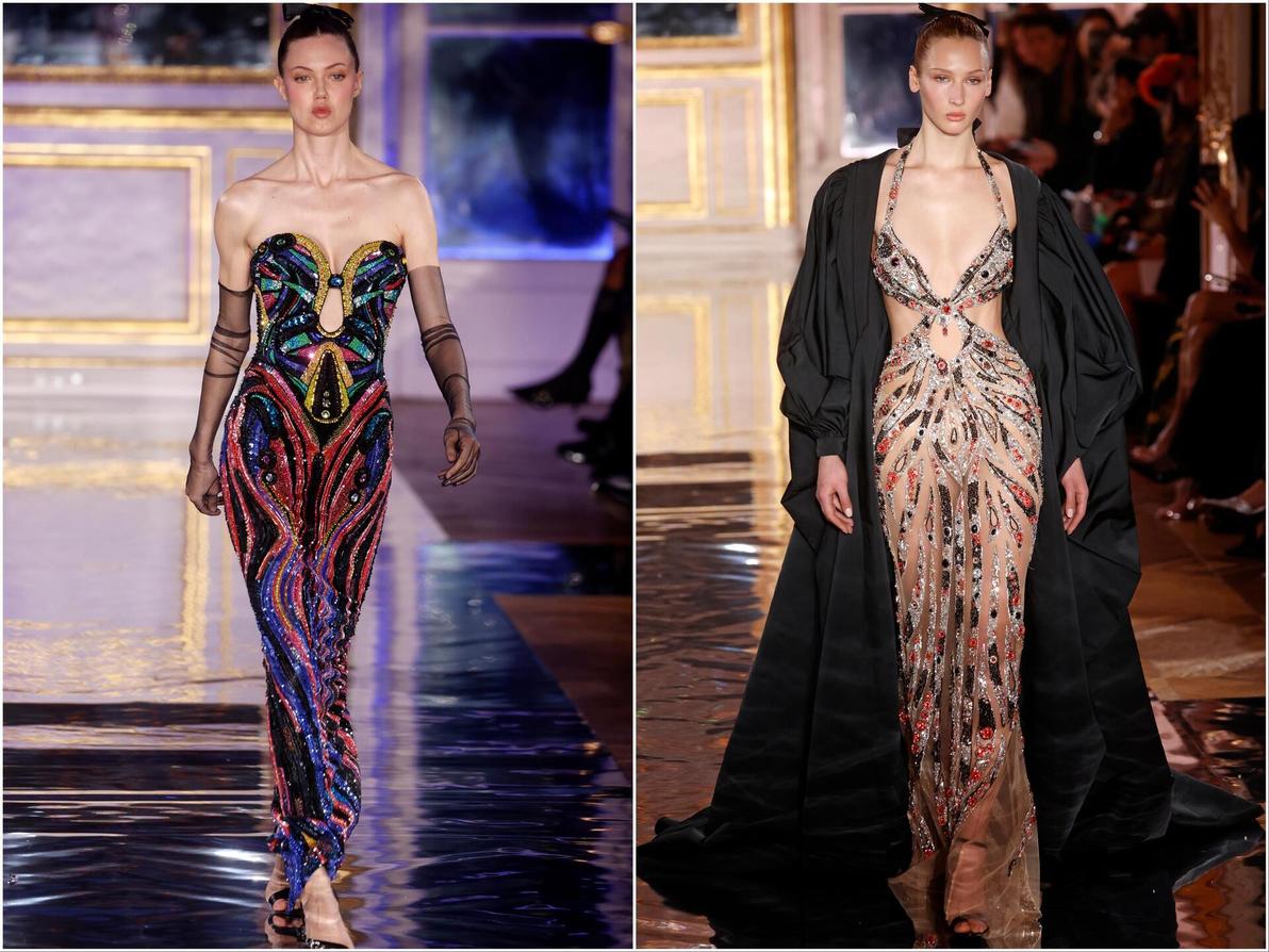 שתיים מאוסף השמלות הסקסיות של המעצב הלבנוני זוהיר מוראד, שבהן הושקעו שעות ארוכות של רקמה וחריזה (צילום: Thierry Chesnot/Getty Images) זוהיר מוראד, תצוגת הוט קוטור לאביב-קיץ 2025