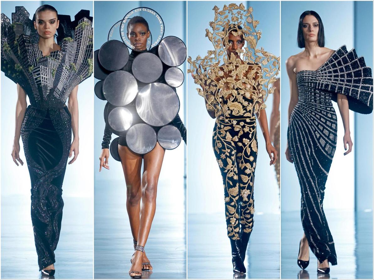 אוסף השמלות האקסטרווגנטיות של מישרה העלו תהייה: האם מישהי רוצה ללבוש שמלה שנראית כמו תחתיות של סירים? (צילום: Thierry Chesnot/Getty Images) ראול מישרה, תצוגת הוט קוטור לאביב-קיץ 2025