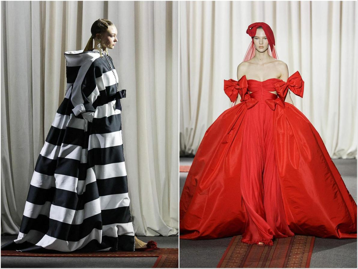 והיו גם שתי שמלות מנצחות שכל כוכבת תחמוד לשטיח האדום: שמלת פסים בשחור ולבן ושמלה אדומה מקושטת פפיונים (צילום: Thibaud MORITZ/AFP) ג'יאמבטיסטה ואלי, תצוגת הוט קוטור לאביב-קיץ 2025