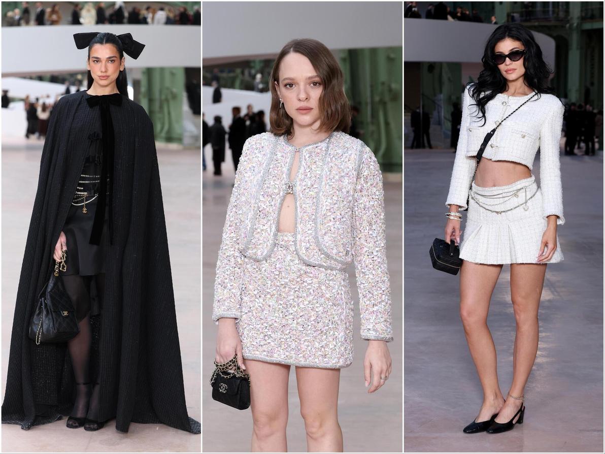 קיילי ג'נר במיני ובטן חשופה (שלוש שנים אחרי מיו מיו), דואה ליפה בשחור דרמטי ושירה האס מדהימה בחליפה סקסית (צילום: Pascal Le Segretain/Getty Images) קיילי ג'נר, שירה האס ודואה ליפה בשאנל, תצוגת הוט קוטור לאביב-קיץ 2025